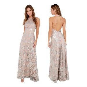 Dress the Population Dress Valentina Maxi Sequins Party Formal Silver Tan Medium